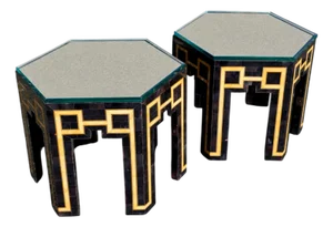 Pair of Postmodern Low-Profile Tessellated Stone and Inlaid Hexagonal Side Tables, Circa 1980s