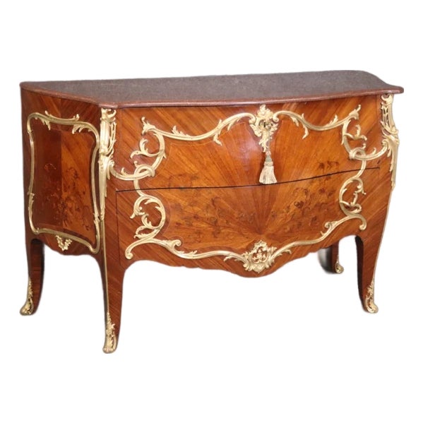 19th C. French Louis XV Style Gilt Bronze Mounted Commode – Ornate Kingwood & Mahogany Marble Top Chest For Sale