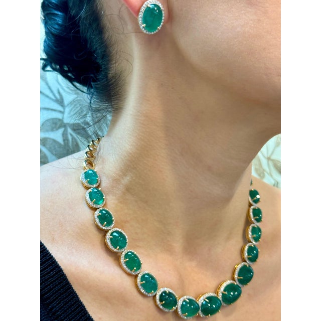 110 Ct Oval Natural Cabochon Emerald & Diamond Necklace, Earring Suite 14 K Gold For Sale - Image 13 of 18