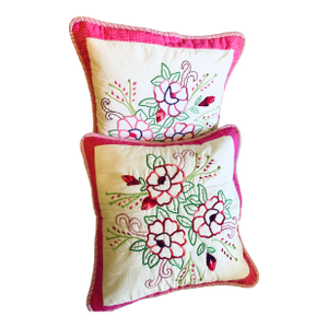 Vintage Pair of Pink & White Rose Hand-Embroidered Decorative Pillows