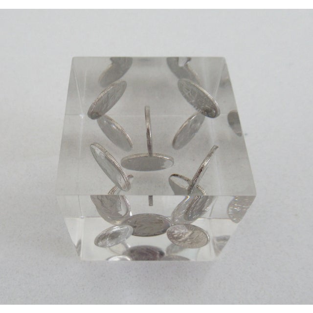Vintage C.1970's Mid-Century Lucite & Dime Incapsulated Paperweight, Accent Piece For Sale - Image 9 of 13
