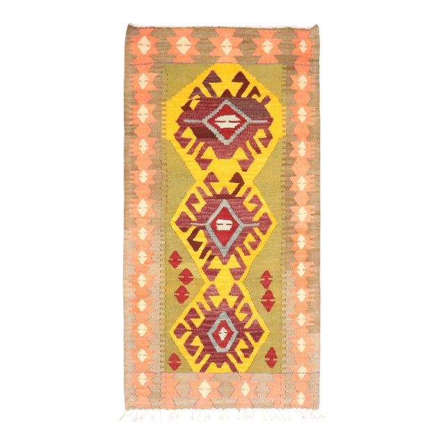 Vintage Zabihi Collection Lime Green Yellow Throw Kilim - 2'3" x 4'2" For Sale