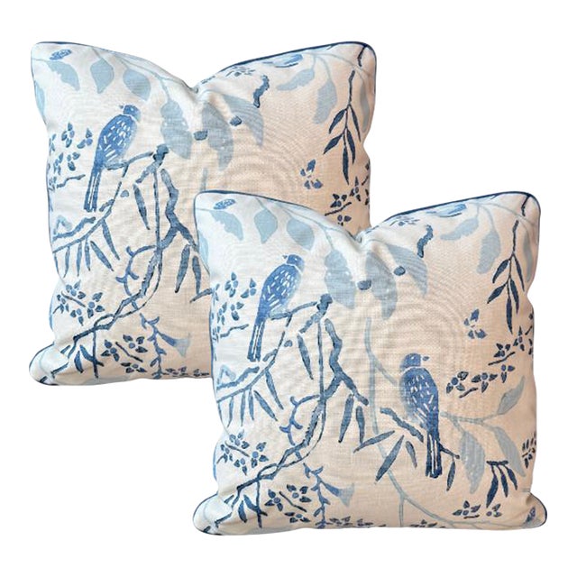 Pair of 22'' Blue Chinoiserie Bird Print Throw Pillows For Sale