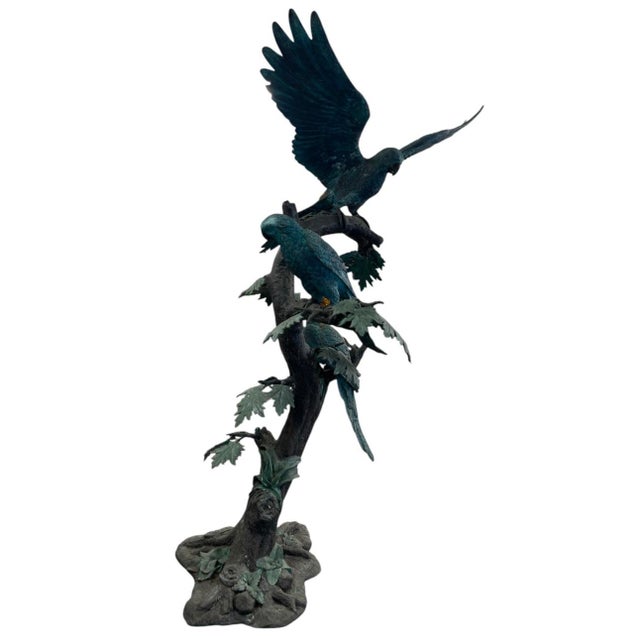 1980s 1980s Monumental Verdigris Bronze Parrots Sculpture on Tree Trunk Base For Sale - Image 5 of 12