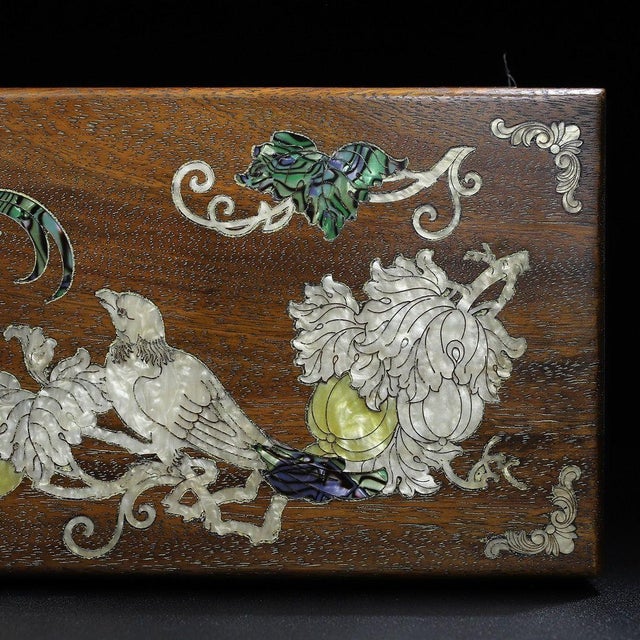 Mid 20th Century Vintage Chinese Huali Rosewood Box | Mother-of-Pearl Inlaid Bird & Flower Motif For Sale - Image 5 of 10