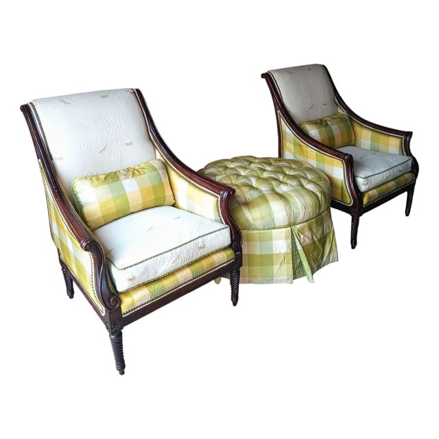 Sam Moore Green & Beige Chairs & Ottoman For Sale