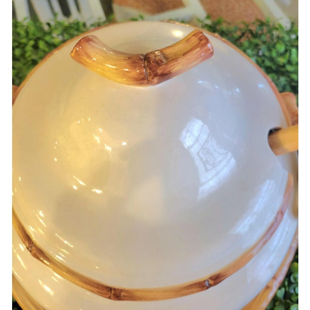 Vintage Ceramic Faux Bamboo Palm Beach Regency Trim Soup Tureen With Ladel and Platter For Sale In West Palm - Image 6 of 10