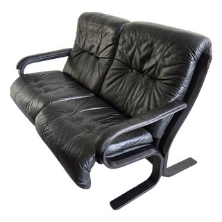 Vintage Scandinavian Two-Seater Sofa in Black Leather and Curved Wood, 1970s For Sale