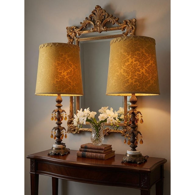 Vintage 1970s Hollywood Regency Brass Palm Tree Table Lamps – Pair With Amber Crystal Drops & Large Gold Fabric Shades For Sale - Image 4 of 6
