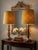 Vintage 1970s Hollywood Regency Brass Palm Tree Table Lamps – Pair With Amber Crystal Drops & Large Gold Fabric Shades For Sale - Image 4 of 6