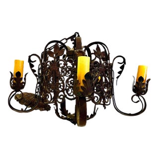 Spanish Revival 1940s Wrought Iron Chandelier For Sale