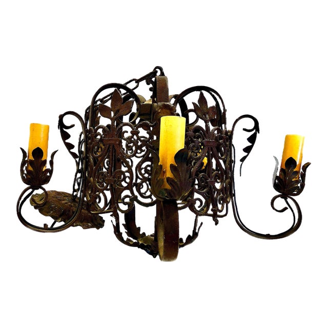 Spanish Revival 1940s Wrought Iron Chandelier For Sale