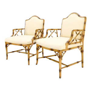 Faux Bamboo New Virgin Wool Upholstery Lounge Arm Fire Side Chairs - A Pair