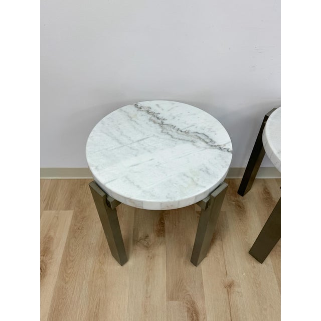 Vintage Round End Tables Beige Marble Top Gray Metal Base Pair Modern Accent For Sale - Image 4 of 10