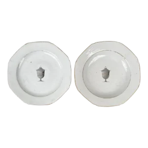 Antique 18th C. Chinese Export Porcelain Soup Bowl and Plate With Neoclassical Vases or Urns Painted en Grisaille - a Pair