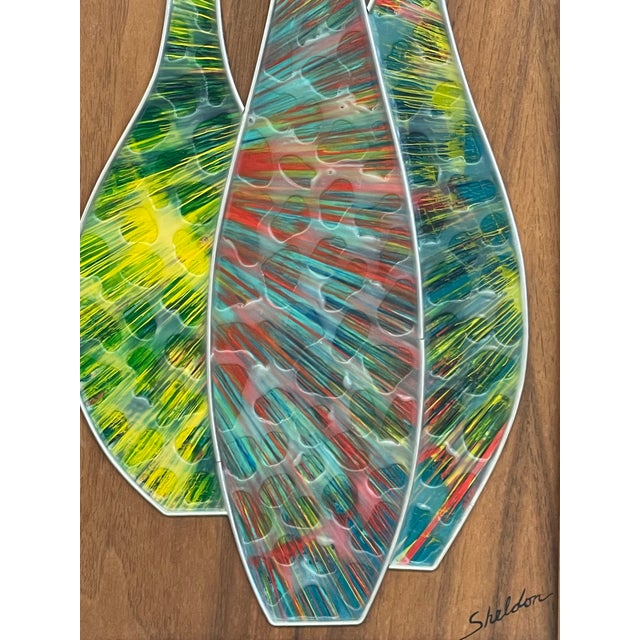 Vintage Mid-Century Modern Abstract Mixed Media Wall Art by Sheldon in Walnut Toned Frame. For Sale - Image 10 of 10