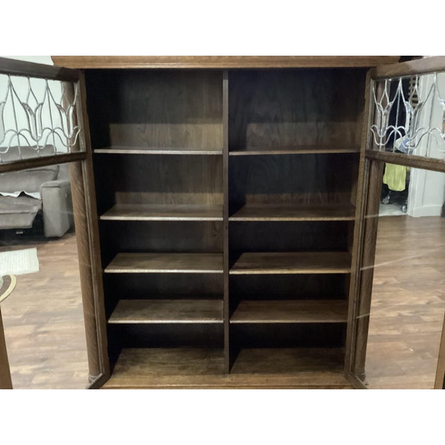 Brown Arts & Craft Antique Oak Bookcase Double Doors Lead-Glass Tulips Claw Feet on Rollers For Sale - Image 8 of 12