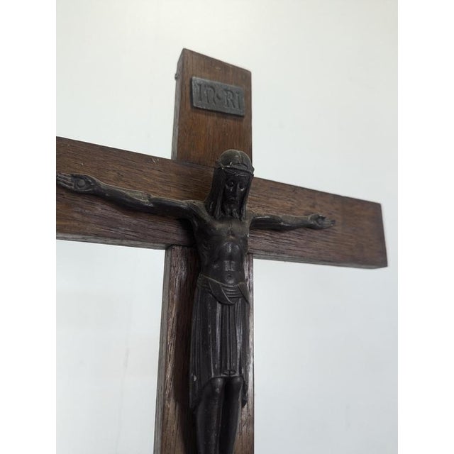 Large Wrought Iron Church Candelabra with Carved Wooden Crucifix For Sale - Image 3 of 10