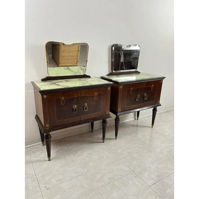 Set of 2 Mid-Century bedside tables with 1960s Italian design mirror. Decorated glass top, brass components. Good...