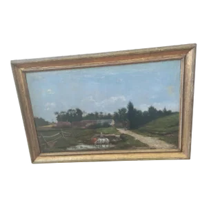 19th Century Barbizon School Large Cow Farm Landscape Oil on Canvas Painting, Framed
