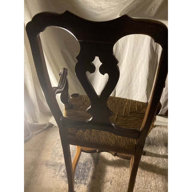 This Is a 19th-Century Venetian Baroque Armchair Crafted From Hand-Carved Walnut With a Hand-Woven Rush Seat. Hand Carved Walnut Rustic Arm Chair. For Sale - Image 6 of 9
