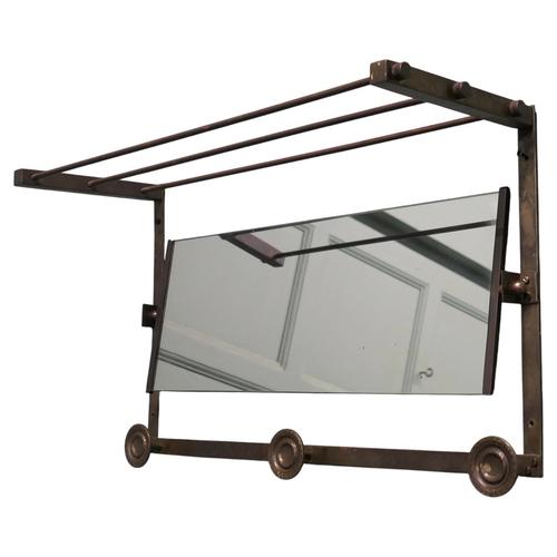Metal Arts and Crafts French Brass Hall Mirror with Shelf and 3 Coat Hooks, 1930 For Sale - Image 7 of 7