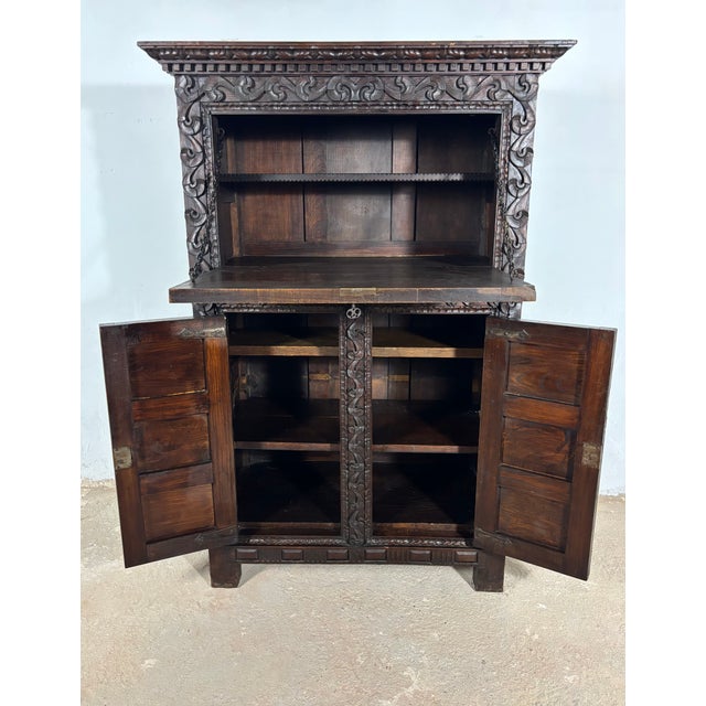 Brown Antique Baroque Oak Fall-Front Cabinet with Deep Carved Decoration, 1880 For Sale - Image 8 of 18