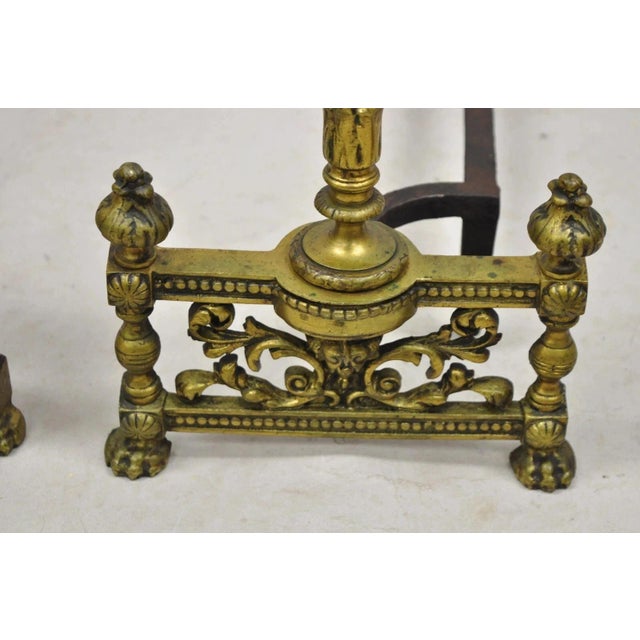 Antique French Empire Style Flame Finial Brass and Cast Iron Andirons - A Pair For Sale - Image 9 of 10