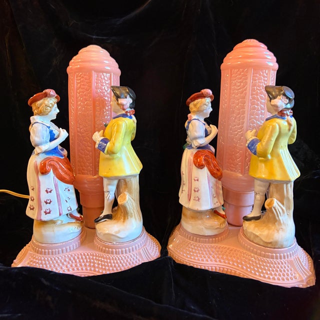 Glass Vintage Art Deco Courting Couples Pink Glass Lamps1930s Era - a Pair For Sale - Image 7 of 12