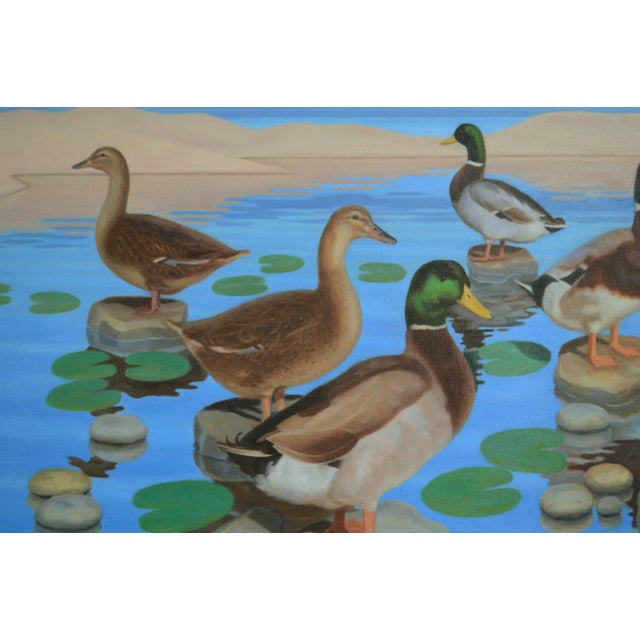 Realism Mallard Ducks in Pond With Lily Pads, Horizontal Landscape by Hugh Hendry For Sale - Image 3 of 10