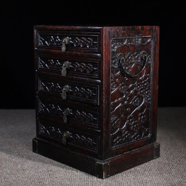Vintage Chinese Hardwood Carved "Plum Blossom" 5-Drawer Cabinet / Jewelry Chest For Sale In Los Angeles - Image 6 of 10