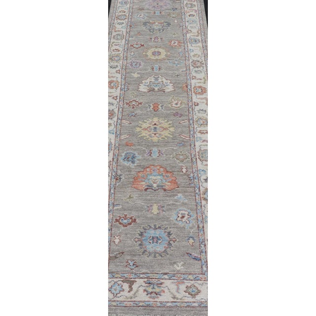 Modern Oushak Runner With Orange and Blue Motifs on Light Gray Background For Sale In Atlanta - Image 6 of 13