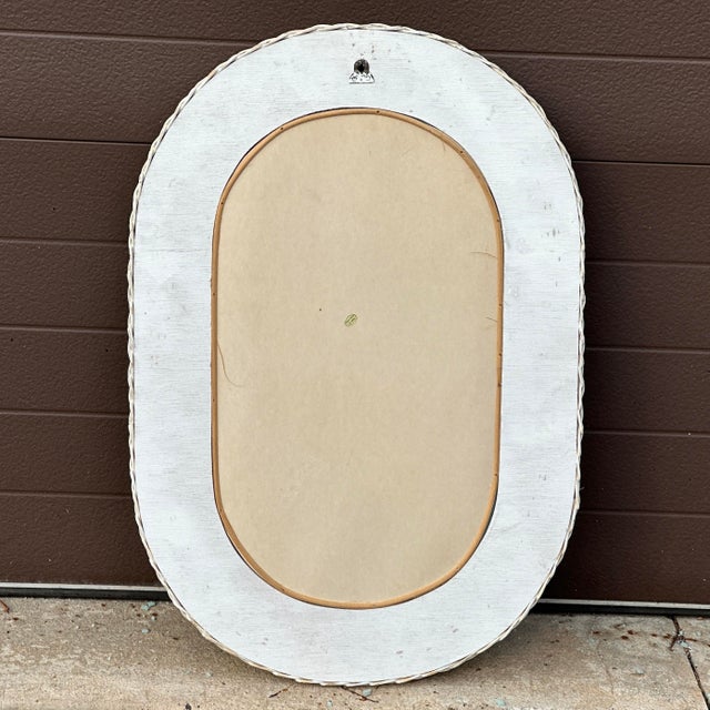 Wood Vintage Petite White Painted Woven Wicker Rattan Framed Oval Mirror From Hong Kong For Sale - Image 7 of 9