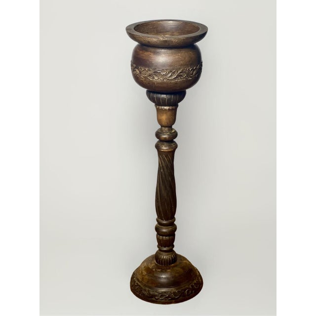 Unique handcrafted carved wood pedestal plant holder crafted in France, early 20th century. Commissioned to a skilled...