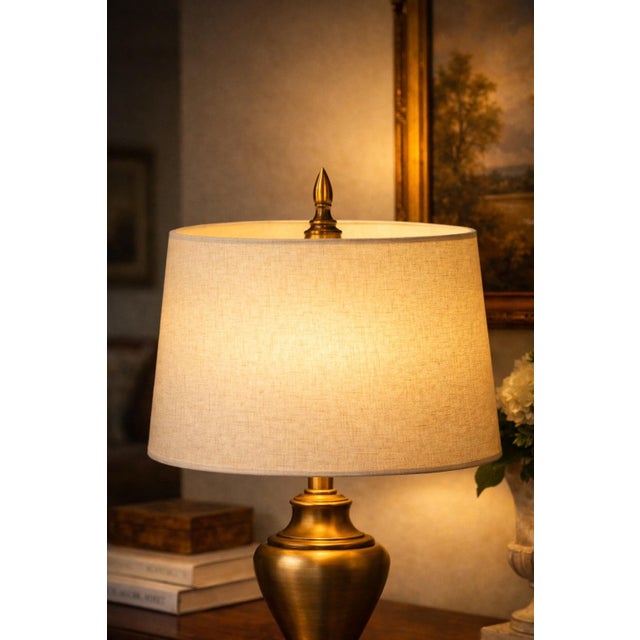 Vintage Antiqued Brass Urn Table Lamp With Linen Drum Shade – 28” Traditional Neoclassical Lighting For Sale In Los Angeles - Image 6 of 9