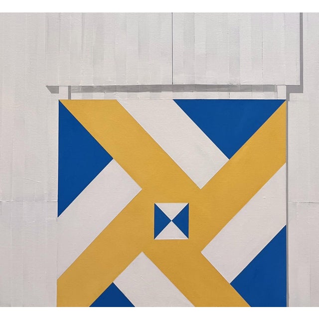 Sunrise by Justin Wheatley is an acrylic painting on canvas that crops in close on a white barn wall and the painted quilt...