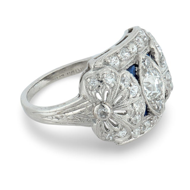 1920s Art Deco Diamond Sapphire Platinum Dinner Ring, Size 4 For Sale - Image 4 of 6