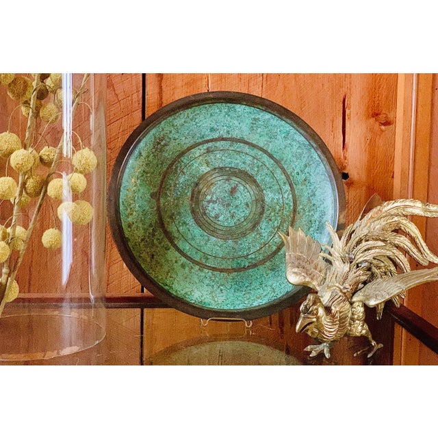 An elegant Art Deco large bronze sculptural tray/platter/charger by Carl Sorensen with a beautiful verdigris original...