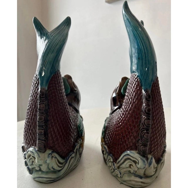Vintage Pair of Chinese Porcelain Statues of Koi Dragon Carp Dragon Fish Figurines. 10"h & 9.5"h For Sale In Philadelphia - Image 6 of 14