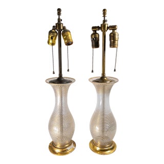 Mid-Century Pair of Italian Murano White and Clear Latticinio Lamps With Gilding For Sale