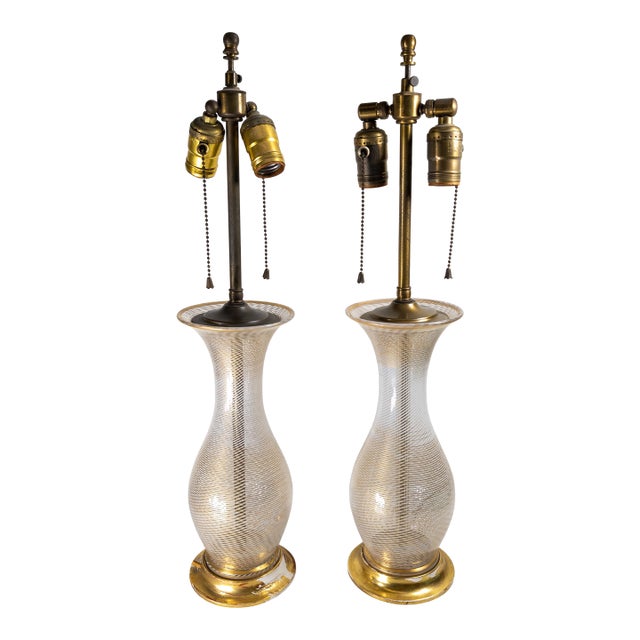 Mid-Century Pair of Italian Murano White and Clear Latticinio Lamps With Gilding For Sale