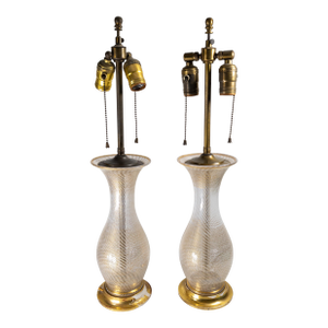 Mid-Century Pair of Italian Murano White and Clear Latticinio Lamps With Gilding