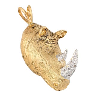 Rhinoceros Pendant Diamond Tusk Vintage 14k Yellow Gold Rhino Animal Jewellery For Sale