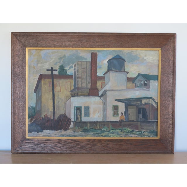 Gray 1940s Industrial "Railroad Siding" Painting on Board by John Fraser For Sale - Image 8 of 8