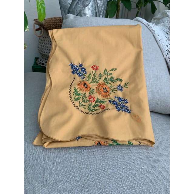 Vintage Handcrafted Hungarian Embroidered Mustard Autumnal Tablecloth 49” X 68” For Sale - Image 10 of 12