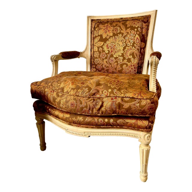 1980s Louis XVI-Style Painted Fauteuil | Vintage French Neoclassical Armchair With Down Cushion For Sale