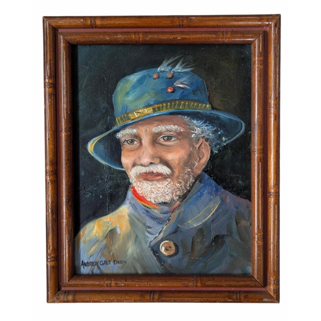 Vintage Original Fisherman Portrait Oil Painting on Canvas Framed and Signed by the Artist Encased in a Wooden Faux Bamboo...