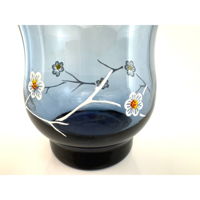 Vintage Organic Modern Blue Glass Floral Tumblers Hand Painted Cocktail Glasses - Set of 8 For Sale - Image 9 of 11