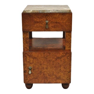 Early 20th Century Antique Art Deco Burl Wood Marble Top Nightstand Washstand Bedside Table For Sale