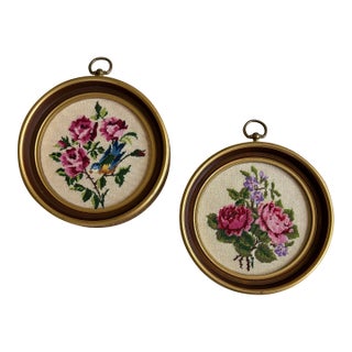 1960s Vintage Floral Petit Point Roses Framed Embroidery Art - A Pair For Sale
